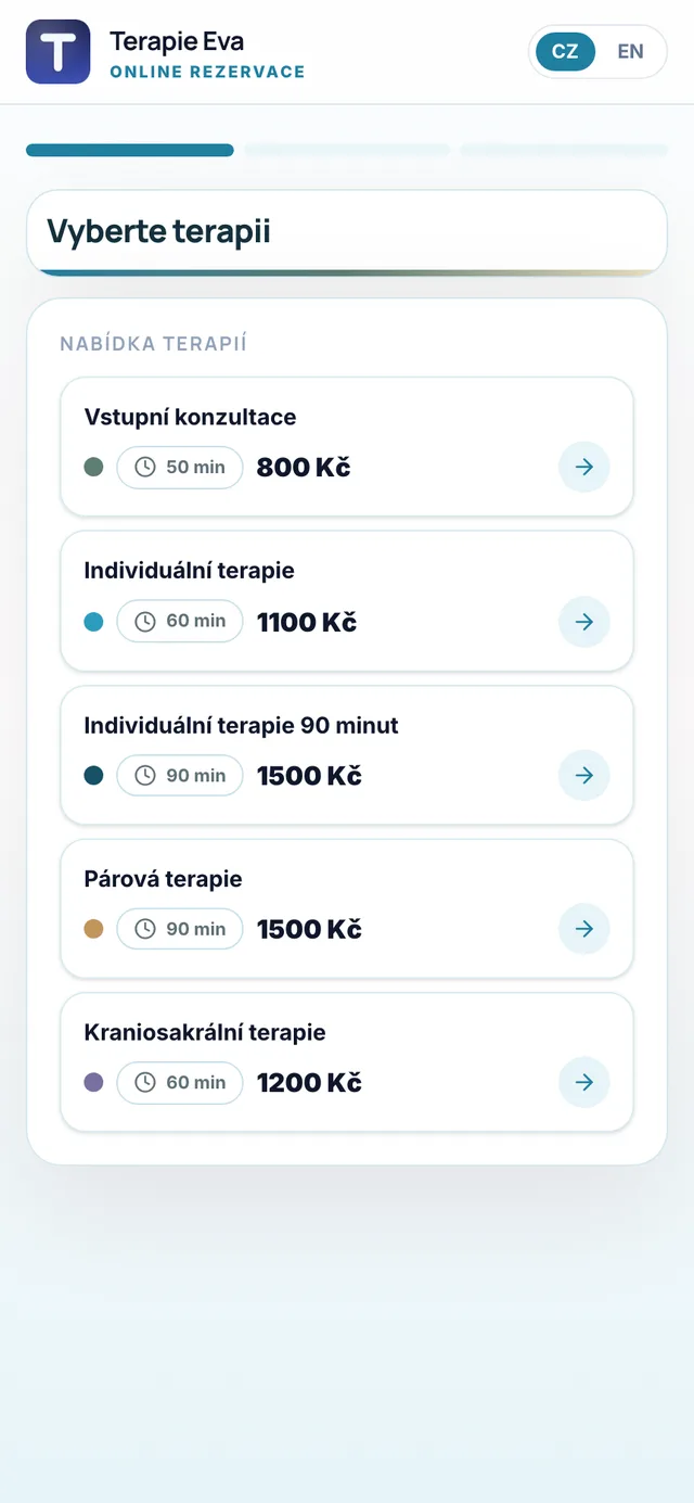 Rezervační stránka terapeutické praxe na telefonu